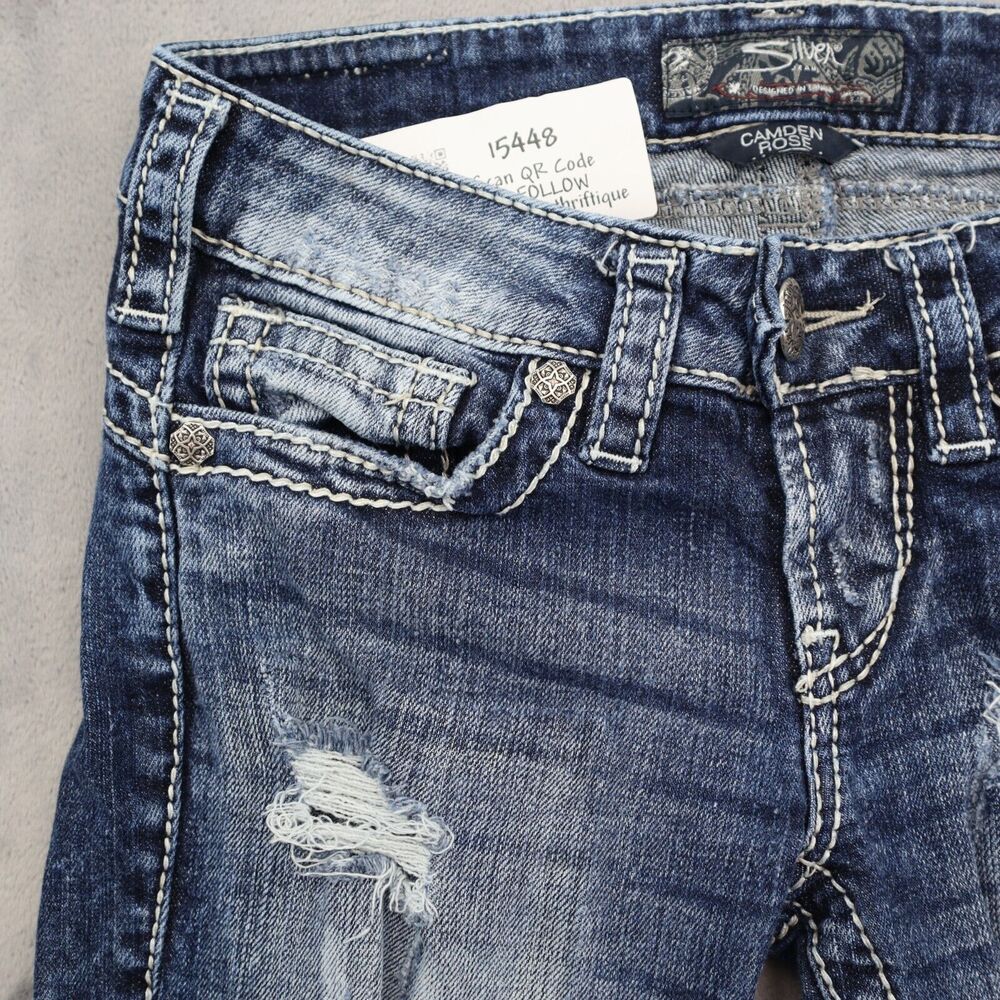 Silver Jeans Co Pants Womens 24 Blue Denim Camden Rose Distressed Pockets Jeans - Picture 11 of 16